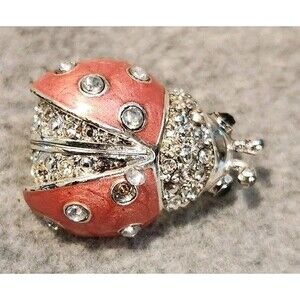 LC Liz Claiborne Ladybug Rhinestone Enameled Brooch Pin Silver Tone